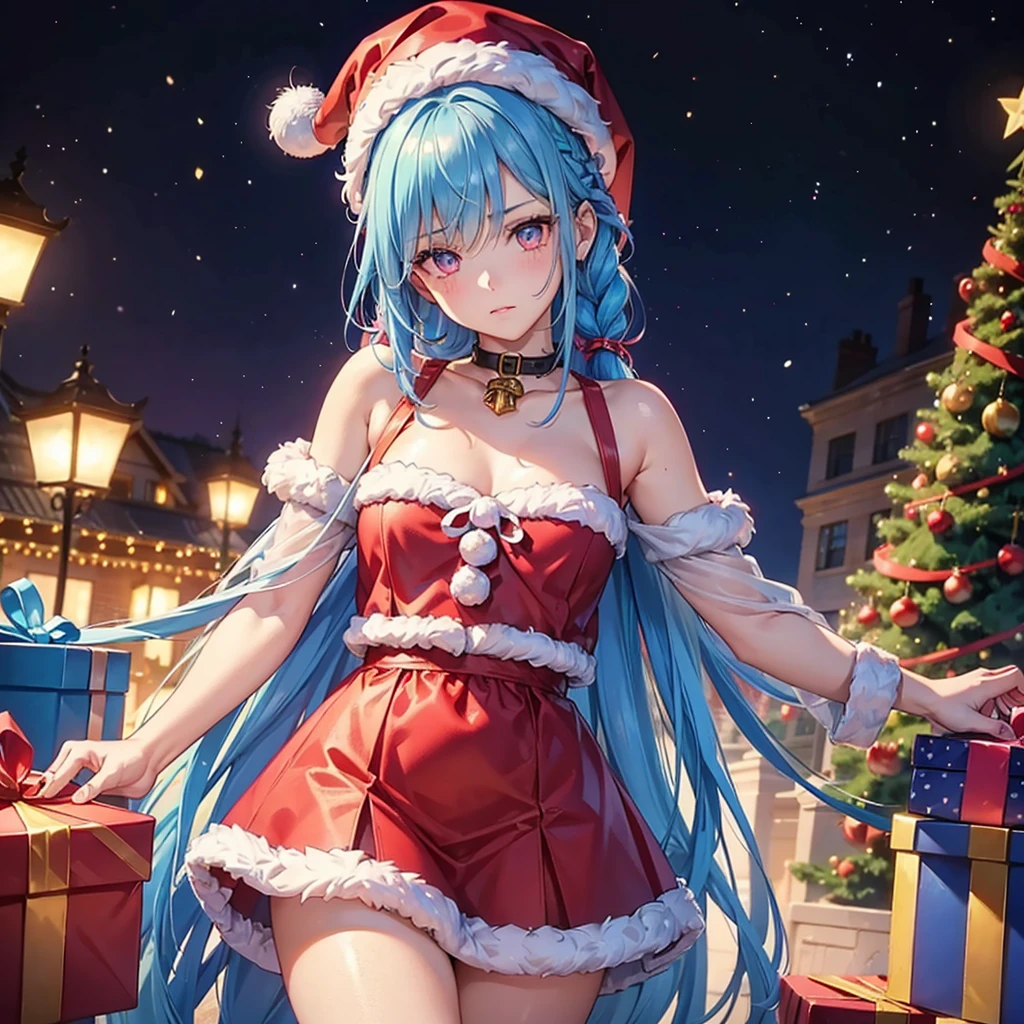(Sky blue hair),(Braided Hair), (Pink Eyes),Fair skin) ,(whole body),(One Girl),(Gift boxes filling the background),(Santa Claus clothes),Santa Claus hat,(Christmas Party),(masterpiece, Highest quality, Very detailed, Best Shadow), (Detailed Background), (Beautifully detailed face), High Contrast, (Best lighting, Very delicate and beautiful), ((Cinematic Light)), Hyper Detail,8k, Dramatic Light, Intricate details,night,