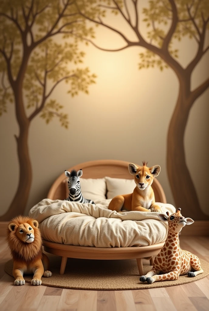 Create a photographic background for me with a real New Born scene with a safari theme, in the scene there is an empty round bed, on the bed there is no one on top, the bed is empty, around the bed there is a baby lion, there is a baby zebra and there is a baby giraffe and they are lying around the bed outside the bed, the animals are lying on the floor