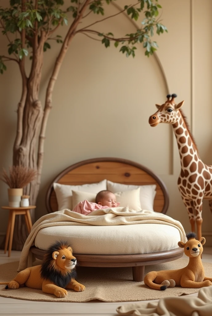 Create a photographic background for me with a real New Born scene with a safari theme, in the scene there is an empty round bed, on the bed there is no one on top, the bed is empty, around the bed there is a baby lion, there is a baby zebra and there is a baby giraffe and they are lying around the bed outside the bed, the animals are lying on the floor