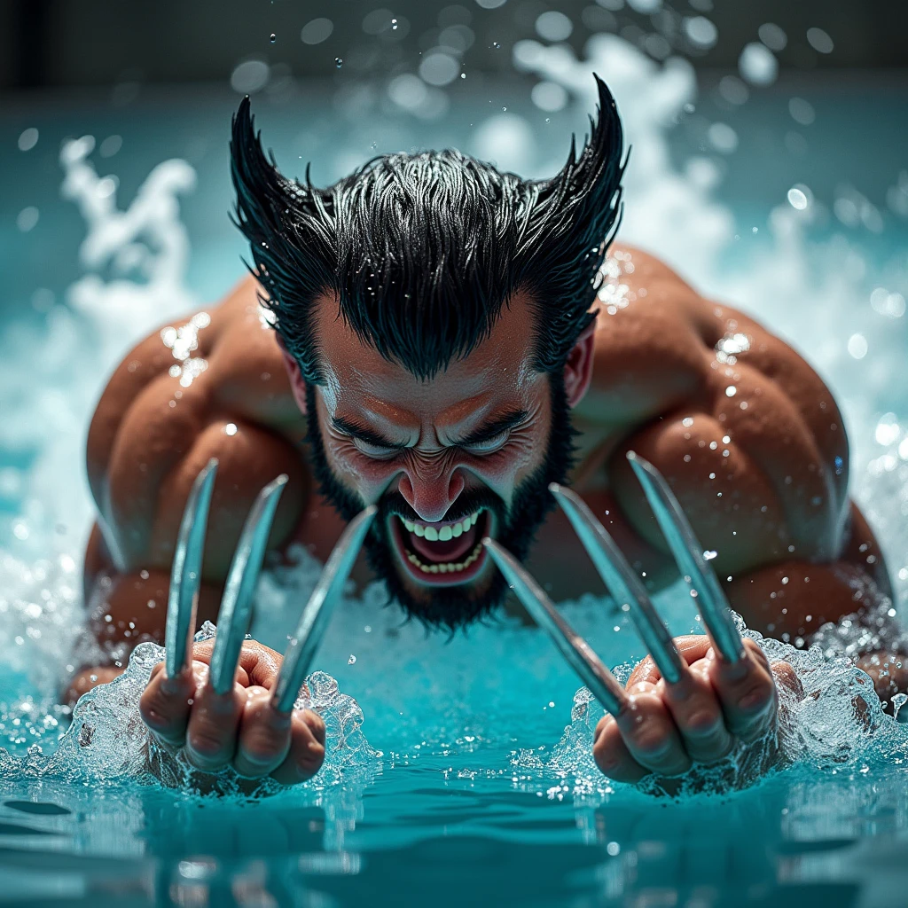 A close-up shot of Wolverine swimming in a pool, captured from the front. His fierce expression dominates the frame, with his intense eyes and snarling mouth visible above the water. Water splashes dramatically around him, droplets cascading from his face, claws, and muscular body. His arms are powerful and veined, each muscle taut as he propels himself through the water. His iconic claws are extended, cutting through the water with precision. The scene is vivid and hyperrealistic, highlighting the raw power and determination in Wolverine's face as he pushes forward, fully immersed in the intense swim.