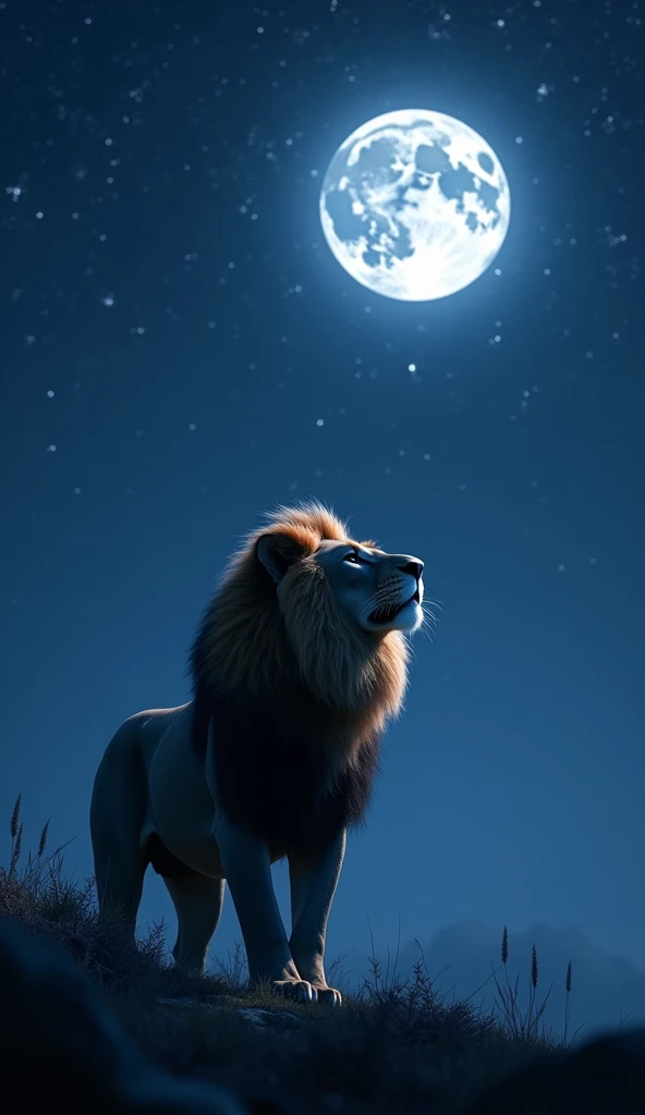 Create an 8k high-resolution, hyper-realistic image of a majestic lion gazing up at the night sky, illuminated by a beautiful full moon. The lion should have a strong, regal presence, with its mane slightly glowing in the moonlight. The night sky should be clear, filled with stars, and centered around a large, bright full moon. The environment should be a natural landscape, like a grassy plain or rocky terrain, subtly lit by the moon’s soft light. The overall atmosphere should be calm and serene, capturing the lion’s majesty under the glowing night sky.