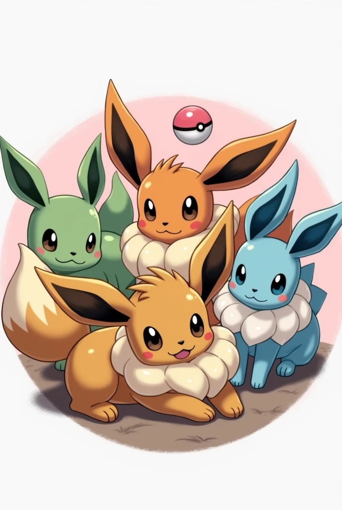 round image of pokemon eevee lying down , surrounded by Vaporeon, Jolteon y Flareon, Espeon y Umbreon , Leafeon y Glaceones, Pink pokeball bouncing in the background