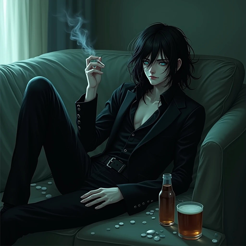 A sexy male with delicate facial features, black long hair, and teal blue eyes with all-black gothic clothes. He is lying on a couch while smoking a cigarette. He looks all gloomy. Beers and pills spilled everywhere. (Gloomy atmosphere) No facial hair (Mysterious atmosphere)
