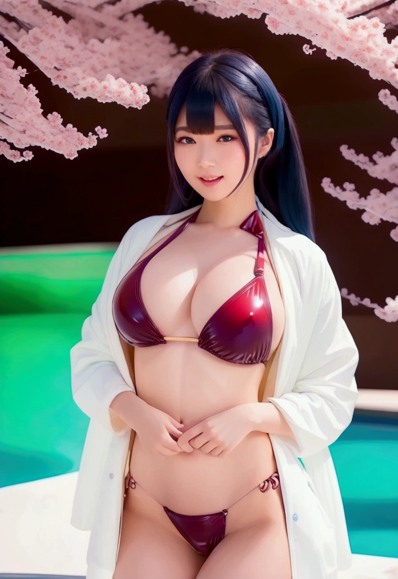 Prompts used: ((Highest quality, 8k, masterpiece: 1.3)),Micro Bikini,Cross halter bikini,Bandeau bikini,,Skirt Style Bikini,Pool,Ocean,Beach, "Cherry Blossom Night, masterpieceが蘇る. A wonderful woman, Has beautiful blue hair and white skin, cute, cuteラテックスボディスーツ, Her whole body is focused、It was in the center. she is tall, Has nice big breasts, Warm smile, Beautiful brown eyes. Her outfit is completed with a vibrant rainbow latex jacket. The scene is surrounded by the delicate pink blossoms of a cherry tree, The soft night breeze of March blows through her hair. Shooting from a little below, Highlighting her graceful figure and the intricate details of her outfit."