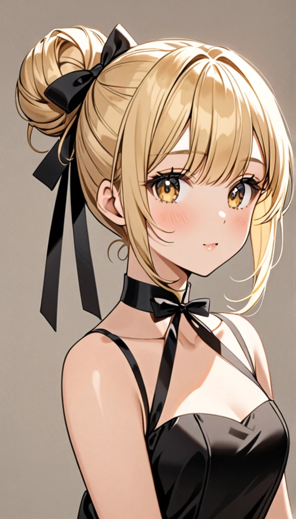 Beautiful and blond bun styled hair, black ribbon