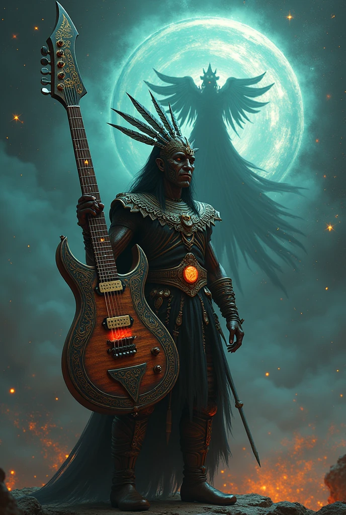 musical intrument guitar, The arm of the guitar is a macuahuitl, His protector is Tezcatlipoca