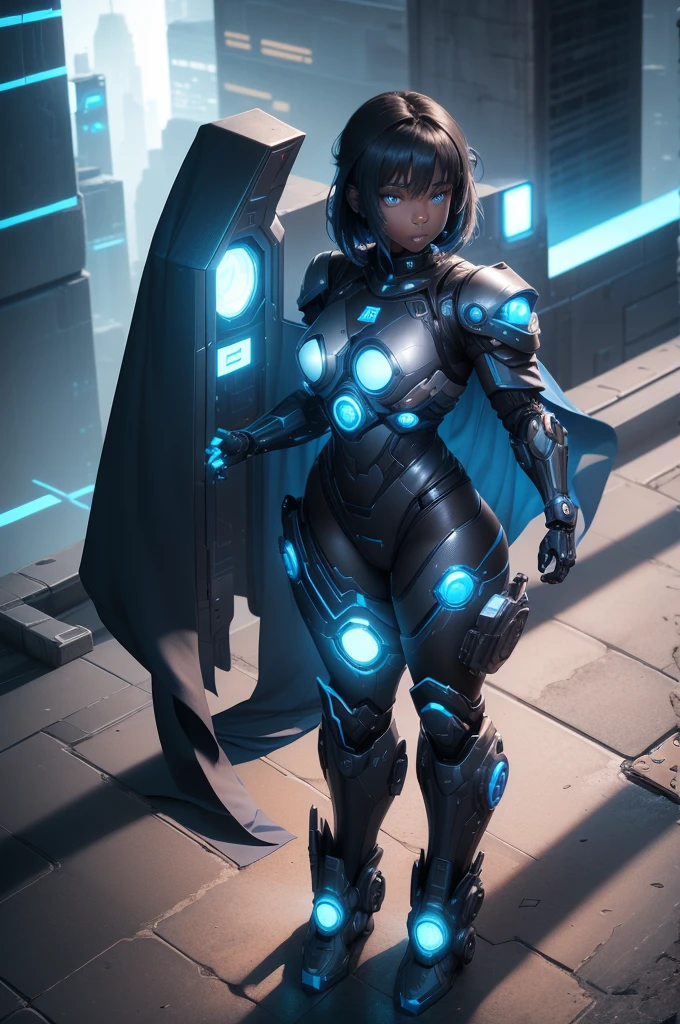 1girl, Female robot, superheroine, android girl, teenager, (((black with blue accents robotic cyber armor))), (blue cape), (blue shinning core in the chest), (black mechanic gloves), (Black armored boots), (metallic long beam saber), dark skin, (shinning blue eyes), ((gray short shoulder length hair)), wide hips, thick thighs, narrow waist, ((standing on a rooftop)), ((futuristic city background)), (at night), (((only one character))), (((alone))), (((solo)))