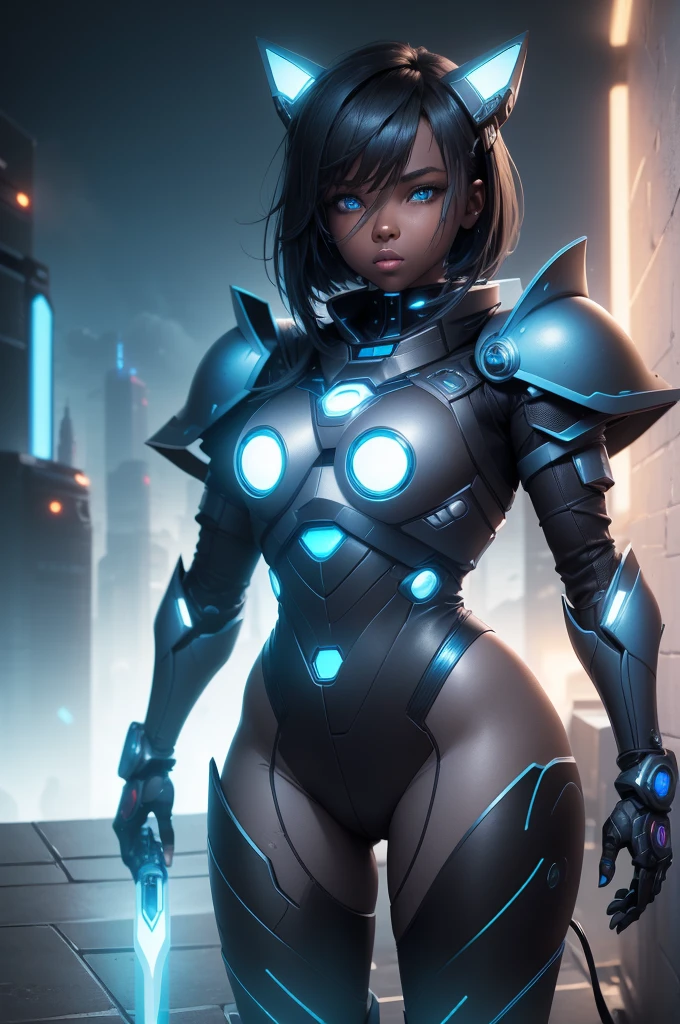 1girl, Female robot, superheroine, android girl, teenager, (((black with blue accents robotic cyber armor))), (blue cape), (blue shinning core in the chest), (black mechanic gloves), (Black armored boots), (metallic long beam saber), dark skin, (shinning blue eyes), ((gray short shoulder length hair)), wide hips, thick thighs, narrow waist, ((standing on a rooftop)), ((futuristic city background)), (at night), (((only one character))), (((alone))), (((solo)))