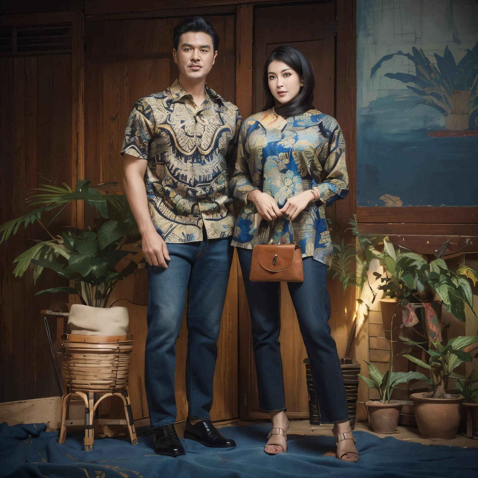 (masterpiece), (best quality), (digital painting), wide shot angle,couple beautiful man and woman, thick eyebrows, curled eyelashes, facial details, long hair, Huge breasts, ((black batik shirt, cloth_pattern)), repeating pattern design, blue denim, hips, background, shop street,