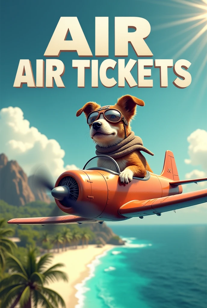 Create an image in vertical format, where there is a dog dressed as an airplane pilot ,that he is sitting piloting a plane that is flying over a paradise beach, in the sky the word AIR TICKETS can be read