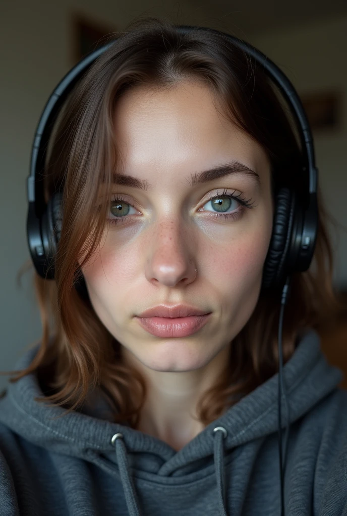 Young woman wearing a hoodie Burnett close up selfie wearing headphones russian not Asian