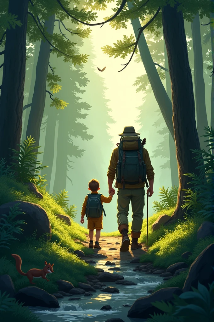 Father and son hiking in the woods