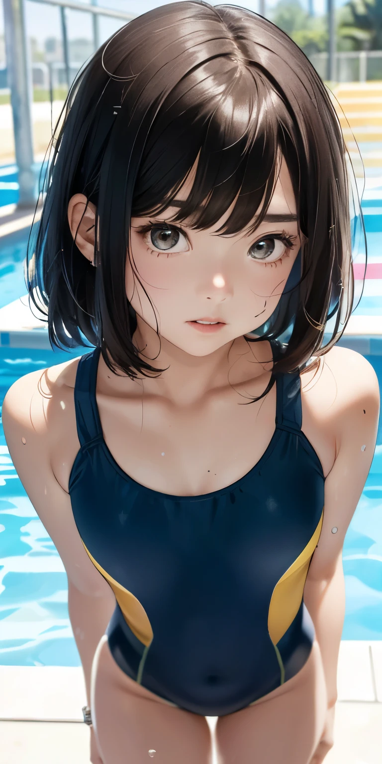 ((top-quality))、((​masterpiece))、1girl in、Formal-up、beautiful detailed eyes and face、pretty skin、a very cute、22year old、School swim wear(darkblue、Simple design、Matte texture、Wrinkle、Polyester material、Nero、shadings、)Wet body、Anime Face、Beautie、Facing the front、big eye(Beautiful fece、Anime Face、Clear eyes、Fine details、Beautiful eyes)Well-formed face(Beautiful nasal muscles、Perplexed、sharp mouth)full of sweat、sodden、Wet feeling、Background with(sunny sky、takeout)、8K picture quality、perfectly proportions、A slender、red blush、female focus on, hair adornments,length hair, Look at viewers,