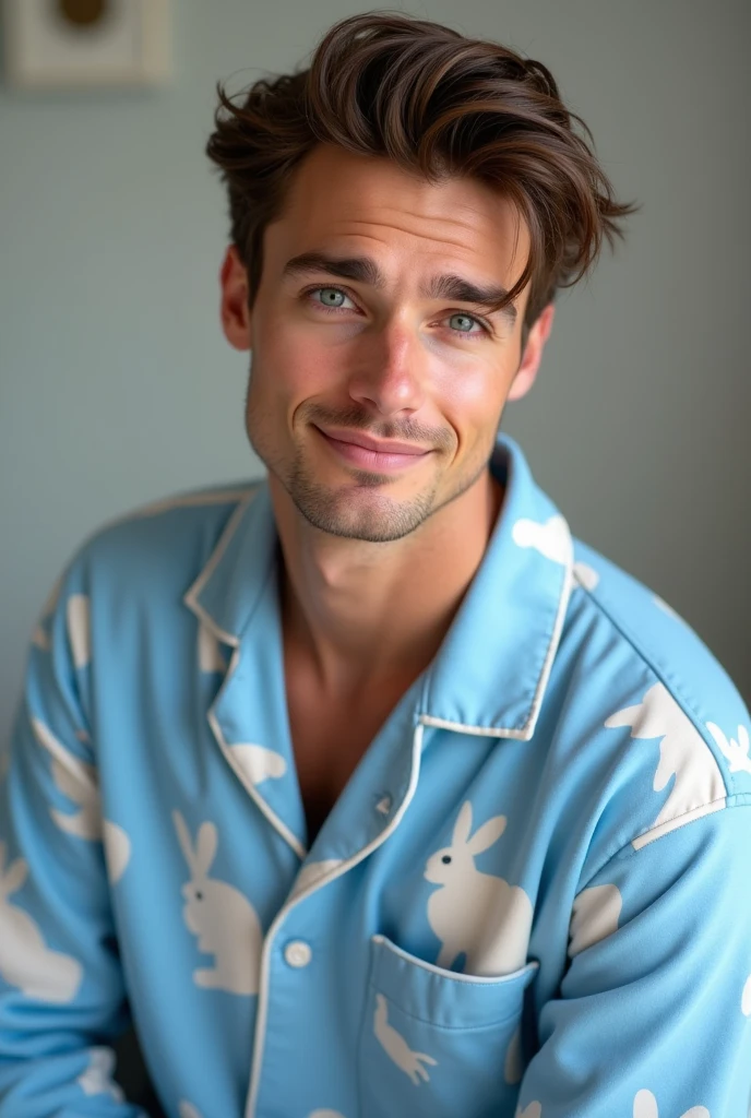 Handsome man with brown hair wearing blue bunny pajamas