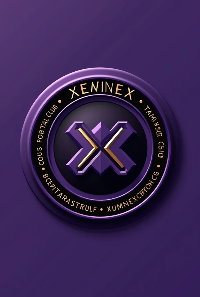 "Create a circular crest for a club named 'XENEX'. The crest should be predominantly violet with black accents. At the top curve of the circle, display 'XENEX' in a bold, elegant font. Use a sophisticated combination of violet and black to create a striking contrast. In the center of the circle, incorporate a distinct, stylish logo that aligns with the club's identity—this could be a modern, abstract symbol or an emblematic design. Ensure the logo and text stand out against the violet background. The overall design should be sleek, polished, and visually impactful, with clean borders and subtle details that enhance its modern aesthetic.