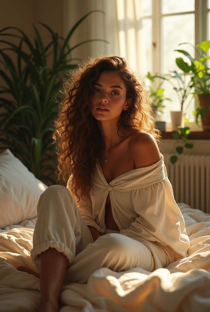 (photorealism:1.2), beautiful woman, sitting on bed, wearing loose off-shoulder top, pajama pants, long curly hair, indoors, soft lighting, plants in background, window with sunlight, cozy room, relaxed pose, realistic, intricate details, warm colors, by Greg Rutkowski, by Alphonse Mucha