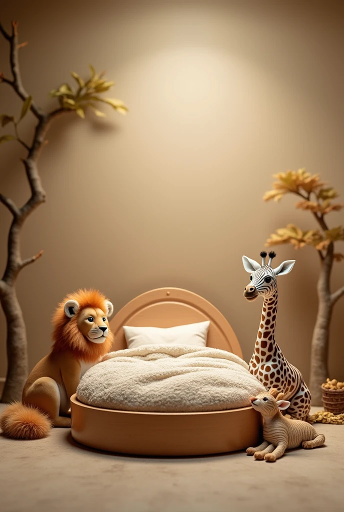 Create a photographic background for me with a real New Born scene with a safari theme, in the scene there is an empty round bed, on the bed there is no one on top, the bed is empty, around the bed there is a baby lion, there is a baby zebra and there is a baby giraffe and they are lying around the bed outside the bed, the animals are lying on the floor