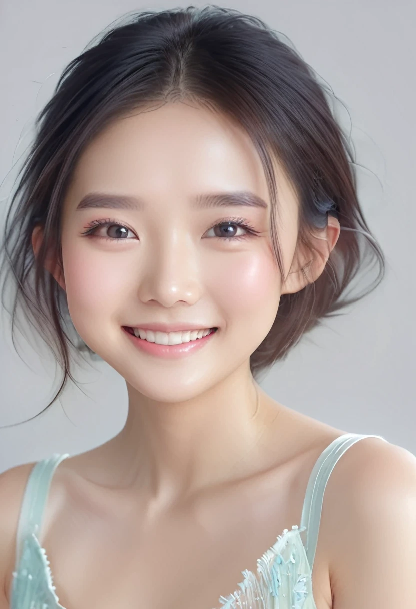 Cute and beautiful Chinese woman, Smile, Shy, Light makeup, A large proportion, Background pastel color scheme, Soft and fluffy calming effect, Leaky shoulders，Shadow Effect, Gradient Magic Effect, (Extremely detailed, Absolute resolution, best quality:1.3), 2.5D, Delicate and dynamic, Art Photography, Surrealism, Graphics CG Digital Art