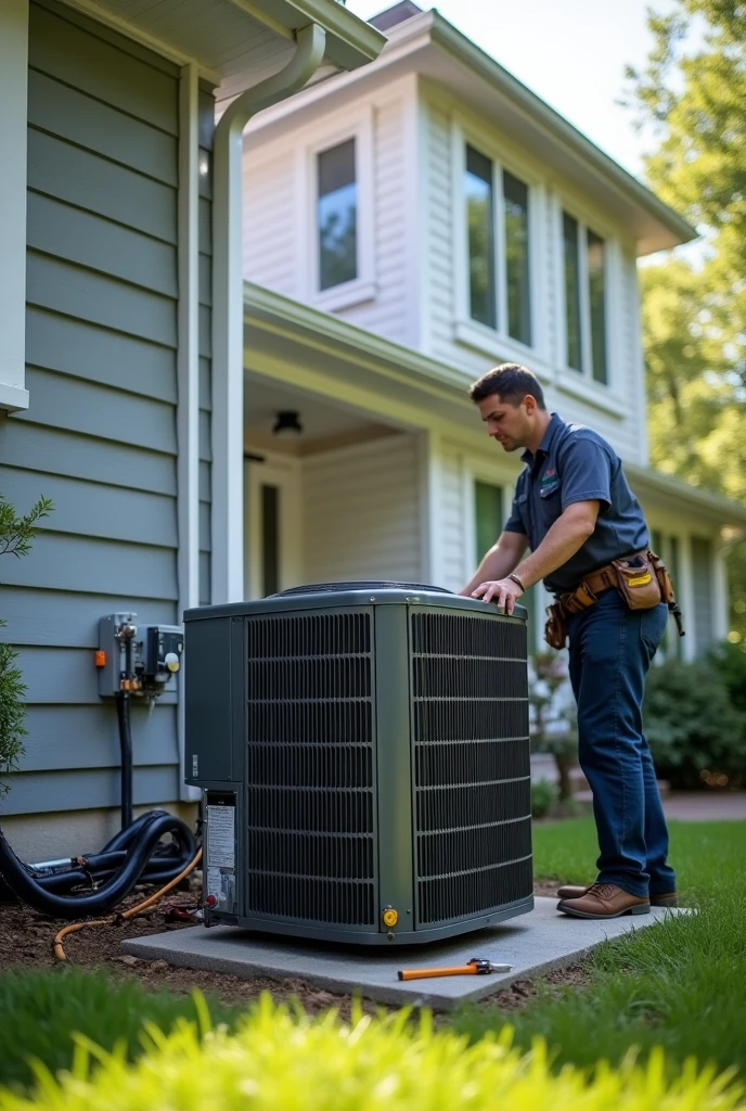 Generate me an image of a new home air conditioner being installed.