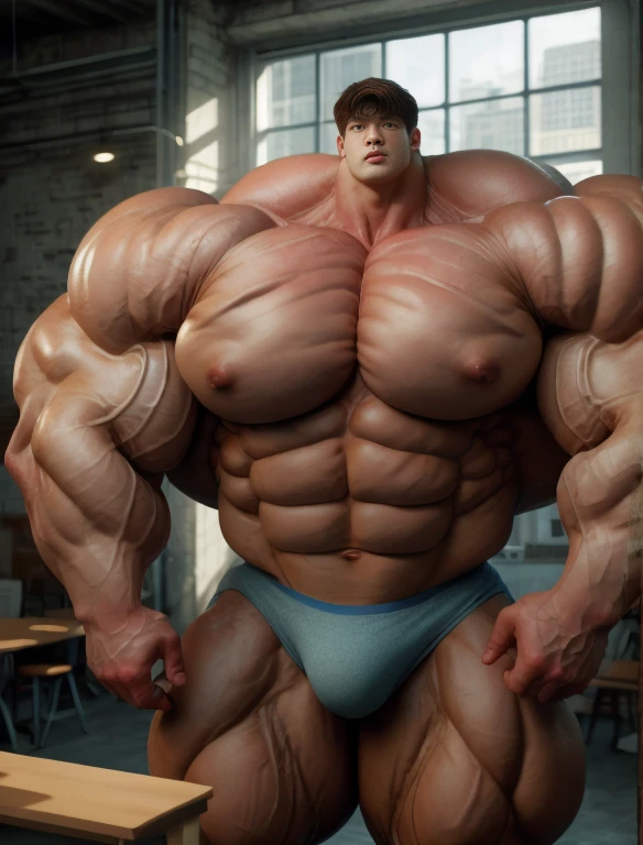 1boy, giant, asian, solo, giant bodybuilder, illuminating light, strong body, bulk, large size, standing in whiet photo studio by the windows, indoor, nude, blue triangular underwear with enormous bulge, extraordinary big, brutalmass, giant muscular body, bulk, buff, massive body, large meaty body size, extremely wide body