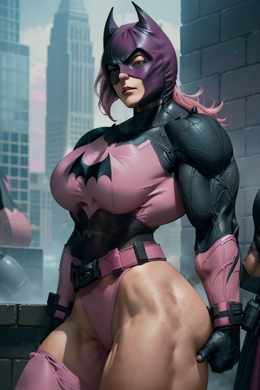 (((Close-up))), tall, (shocking pink hair) beautiful muscular woman, angled bob cut, brown skinned, closed smile, large breast, (black lipstick), (massive muscles), (hyper muscle), ((ginormous bulky muscles)), blue eyes, ((((pink batwoman suit)))), ((pink Batwoman pants with belt)), gauntlets, choker, boots, (in gotham city)