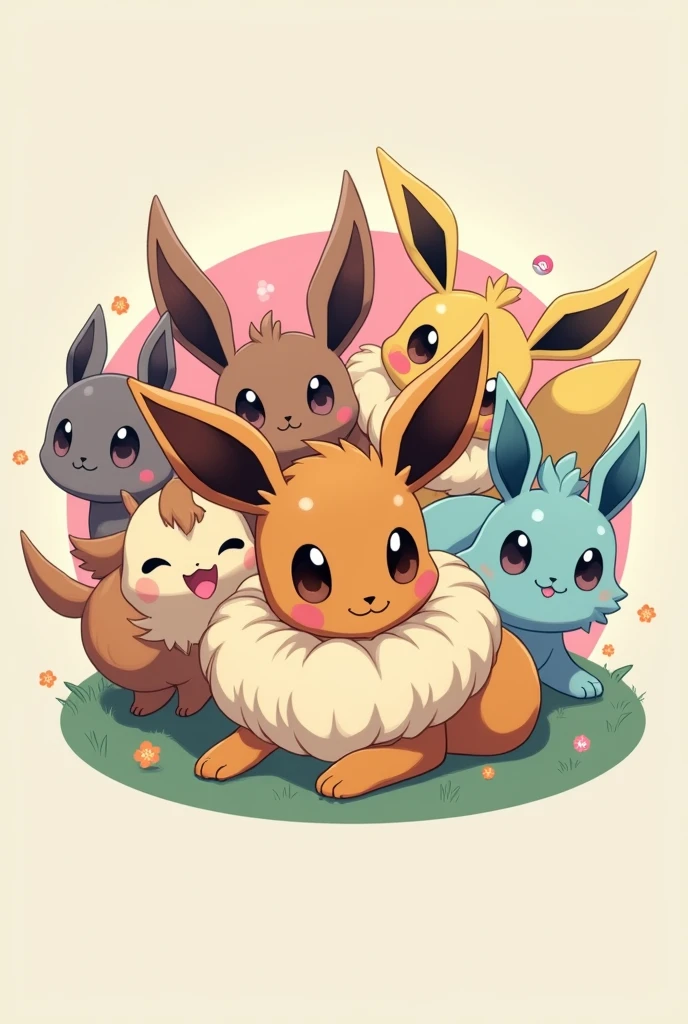round image of pokemon eevee lying down , surrounded by Vaporeon, jolteon , Flareon, Espeon , Umbreon , Leafeon , Glaceones, Pink pokeball bouncing in the background