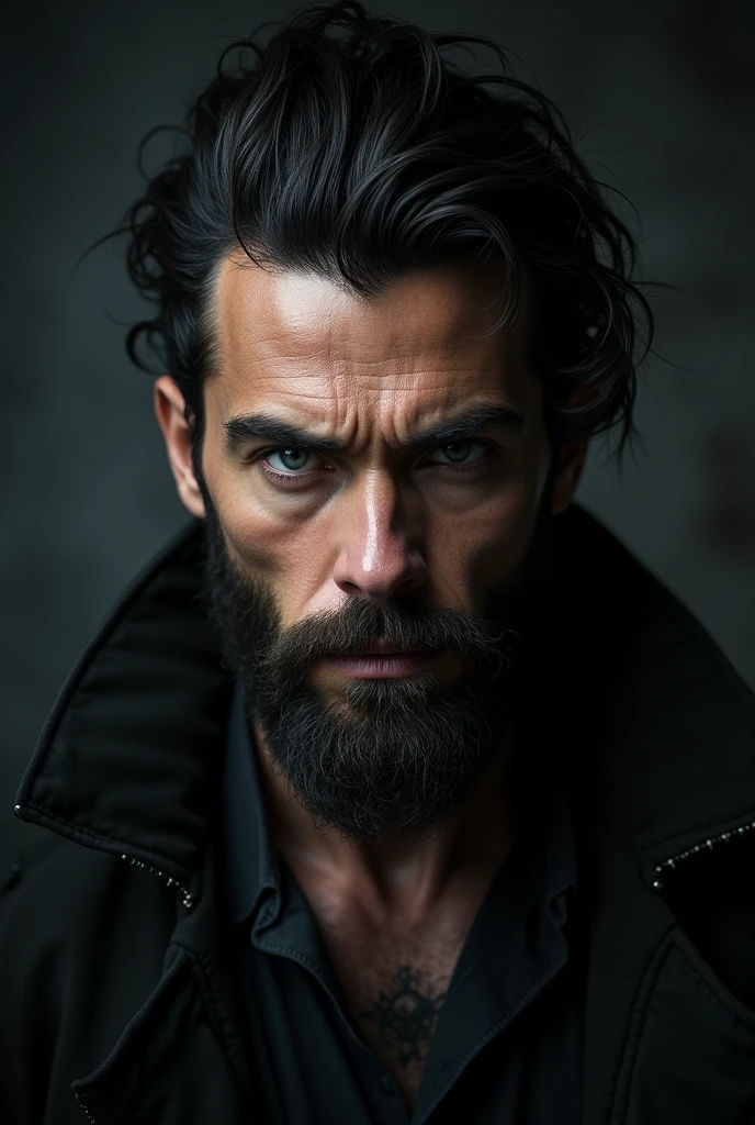 Dark-haired man with a big beard and slanted eyes