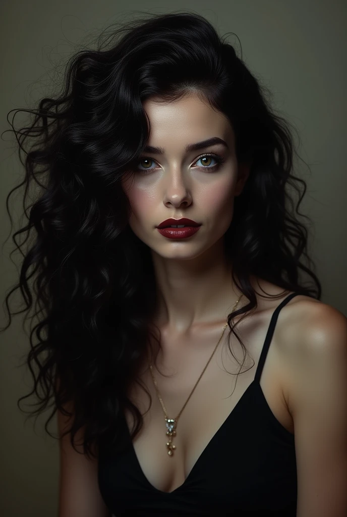 Evil woman, beautiful, dark hair, curly