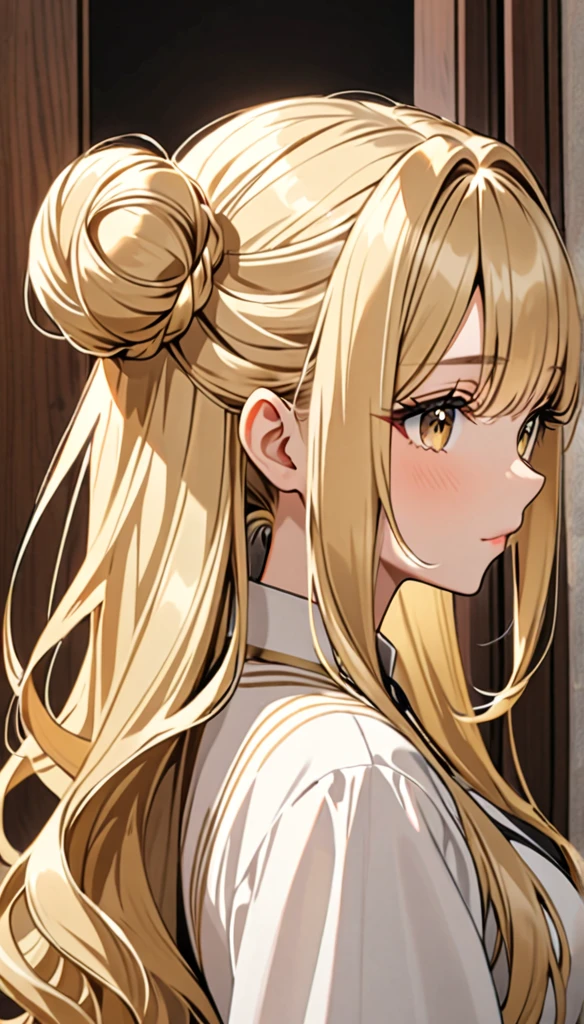 Beautiful and blond bun styled hair, long hair 
