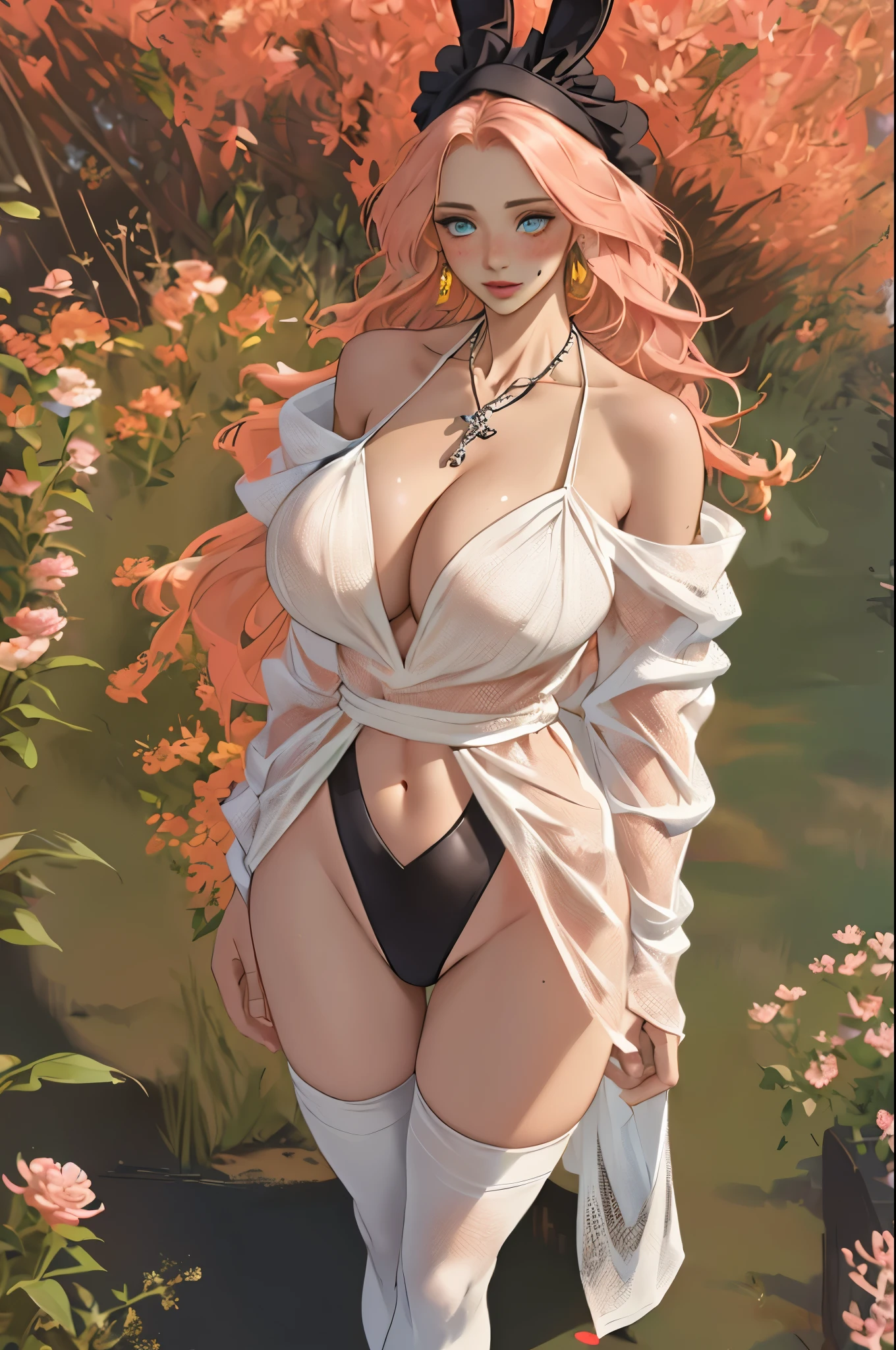 (((work of art, highest quallity, high resolution)))), altamente detalhado 8k, (mature woman:1.5) (ultra HD, super verbose, very detailled, very realistic, super realistico, realistic footage), (1 girl:1.5), (standing alone:2), (very cute), (redheadwear), (Caucasian skin:1.5) Long wavy hair, Black eye, ssmile, parted lips, (Breasts huge:1.2), Room, pose sexy, cute face, abdomen, clavicle, (Black Playboy bunny costume, high leg necklace), fascinating look, lovely eyes, reminiscent expression, hinterland, cowboy shot, from low, freckles, Off The Shoulder, bared shoulders, Commit, put your hands behind your back, (bare feet) (blush:1.3),fishnet pantyhose