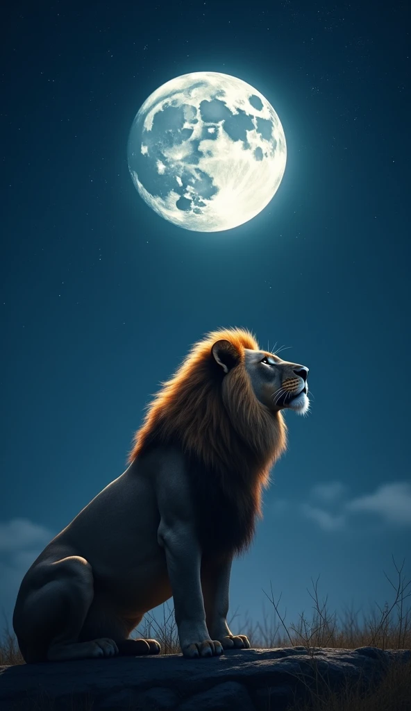 Create an 8k high-resolution, hyper-realistic image of a majestic lion gazing up at the night sky, illuminated by a beautiful full moon. The lion should have a strong, regal presence, with its mane slightly glowing in the moonlight. The night sky should be clear, filled with stars, and centered around a large, bright full moon. The environment should be a natural landscape, like a grassy plain or rocky terrain, subtly lit by the moon’s soft light. The overall atmosphere should be calm and serene, capturing the lion’s majesty under the glowing night sky.