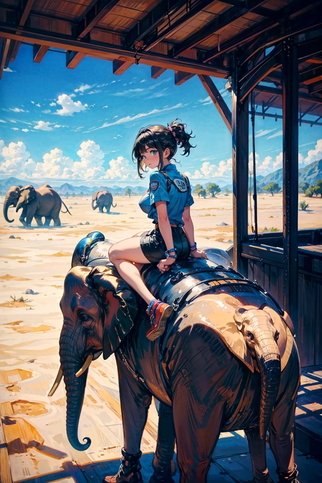 1girl and 1elephant,bigbreast,wild girl,wild elephant,she ride on a elephant,in desert,