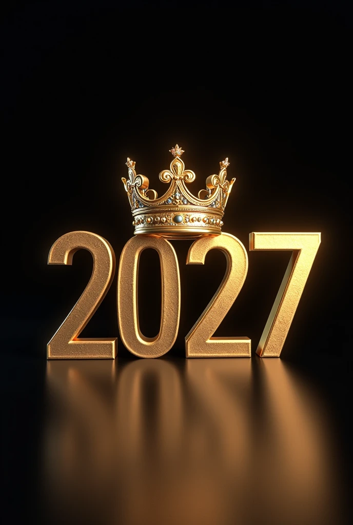 Create an image with 2027 written in gold on a black background and add a crown on top of 2027.
