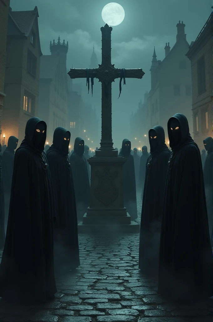 Create an image of a sect gathered in a square in the dark with black robes and masks and a cross in the middle