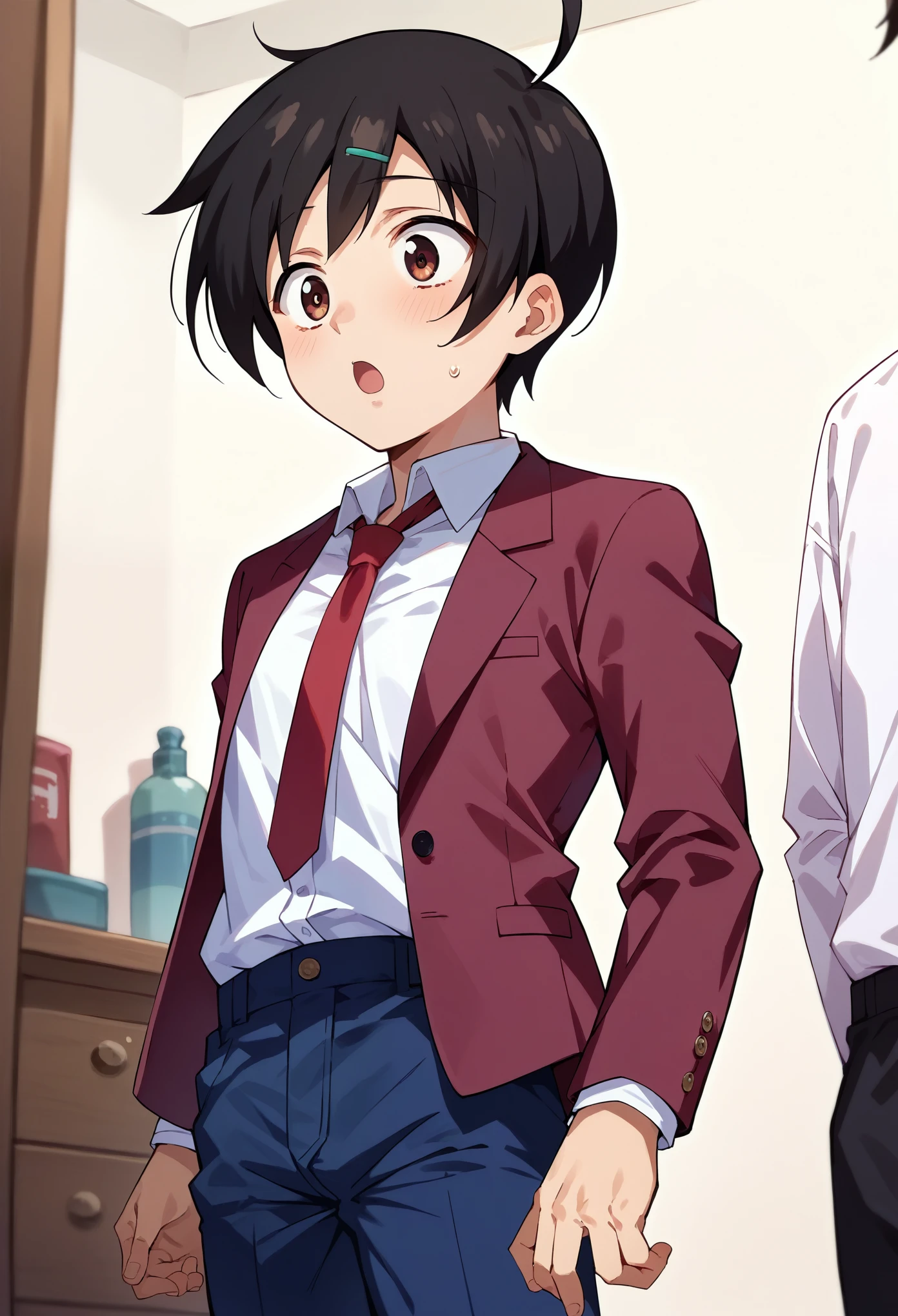 score_9, score_8_up, score_7_up, 1boy, solo, (small breasts), sakuTomo, black hair, short hair, ahoge, maroon blazer, unbuttoned blazer, long sleeves, red necktie, white shirt, dark blue pants, standing, surprised, cowboy shot, looking down, bedroom,