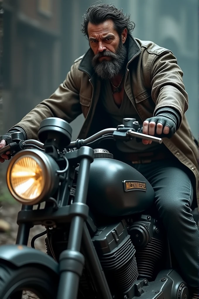 Bearded man on a motorcycle with dark slanted eyes