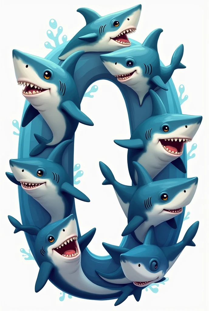 A letter O filled with animated sharks dressed in different ways