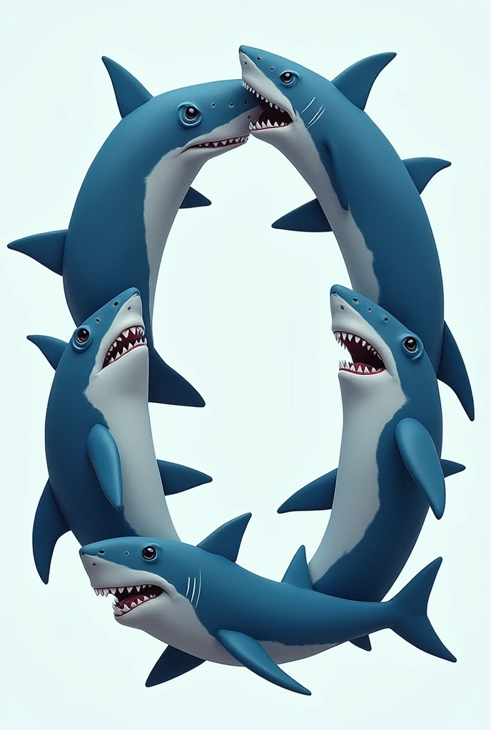 A letter O filled with animated sharks dressed in different ways