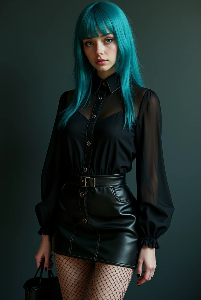 (photorealism:1.2),A sexy gothic girl with a round face and straight hair with turquoise blue highlights wearing a tight black blouse highlighting her defined hips and slightly large chest.
with black mini skirt, fishnet stockings, High boots Emphasizing her long legs and slightly large thighs
