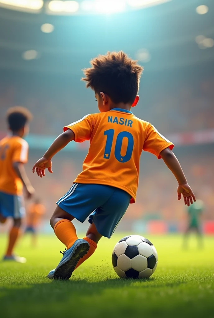 A picture of a boy playing football with a number 10 Jessy and with the name Nasir