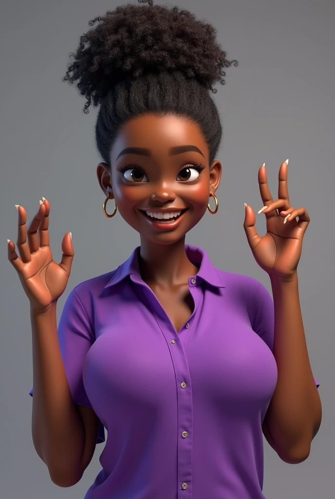 Create character in 3D drawing 40 year old black woman, slightly chubby body, very curly hair, rolled up and tied up, black eyes, purple shirt, he making a positive sign
