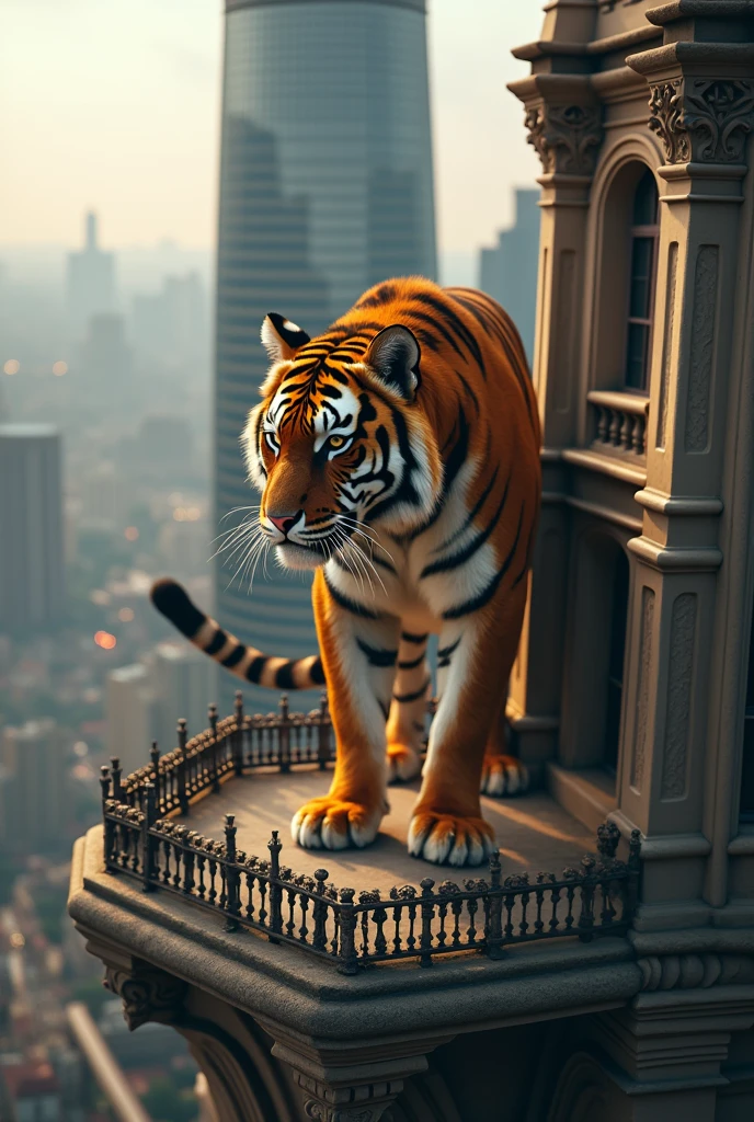Drone shot of a tiger on the tower of a building. can be seen balancing on the terrace