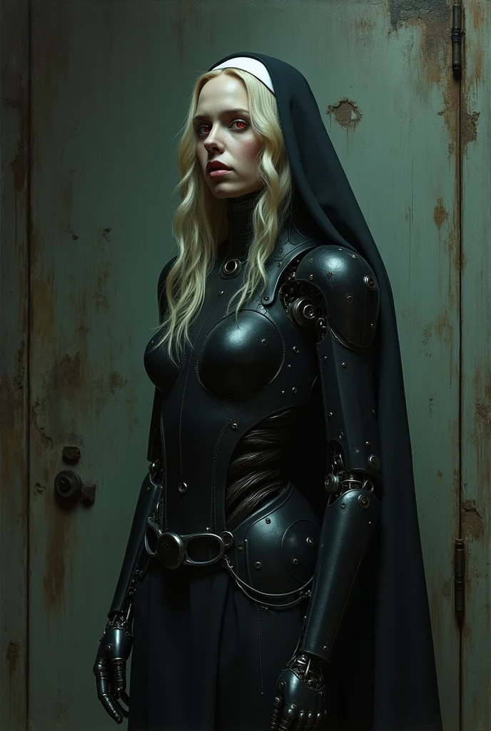 Lily Rabe as a robot cyborg nun, blonde with red eyes and evil intentions, catholic asylum, detailed oil painting, cinematic lighting, dark gothic atmosphere, dramatic chiaroscuro, muted color palette, highly detailed face and robotic body parts, intricate mechanical details, haunting expression, ominous religious symbols, crumbling old asylum interior, moody shadows and highlights, masterpiece, (best quality,8k,highres,masterpiece:1.2),ultra-detailed,(realistic,photorealistic,photo-realistic:1.37)
