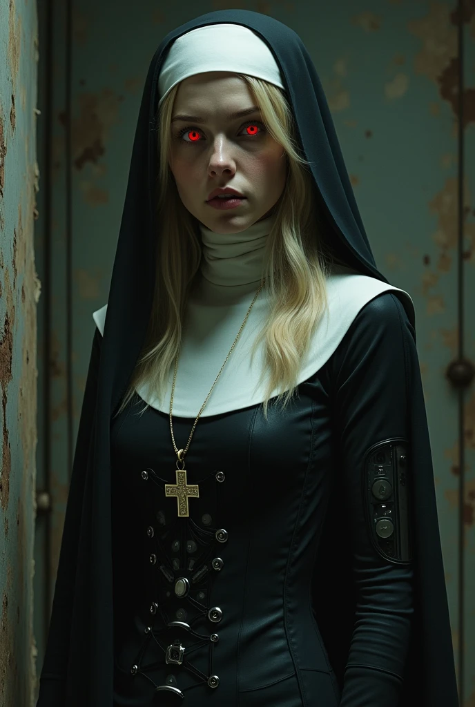 Lily Rabe as a robot cyborg nun, blonde with red eyes and evil intentions, catholic asylum, detailed oil painting, cinematic lighting, dark gothic atmosphere, dramatic chiaroscuro, muted color palette, highly detailed face and robotic body parts, intricate mechanical details, haunting expression, ominous religious symbols, crumbling old asylum interior, moody shadows and highlights, masterpiece, (best quality,8k,highres,masterpiece:1.2),ultra-detailed,(realistic,photorealistic,photo-realistic:1.37)