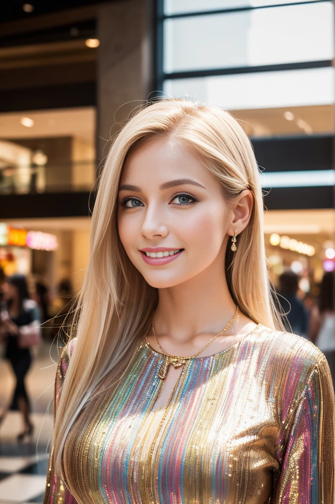(best quality, 4k, 8k, highres, masterpiece:1.2), ultra-detailed, (realistic, photorealistic, photo-realistic:1.37), closeup, sexy seductive Swedish woman, (happy smile), (small breasts), (slim girl), long lashes, ultra detailed makeup, defined eyebrows, platinum blonde hair, fair skin, elegant posture, wearing large sparkling colorful jewelry, wearing a business style leather dress, standing in a large shopping mall, gentle sunlight shining through the shopping mall windows, casting a soft glow on her face, adding warmth to the scene, vibrant colors, capturing the essence of vibrant city life, portrait style, showcasing her natural beauty and grace in a feminine way