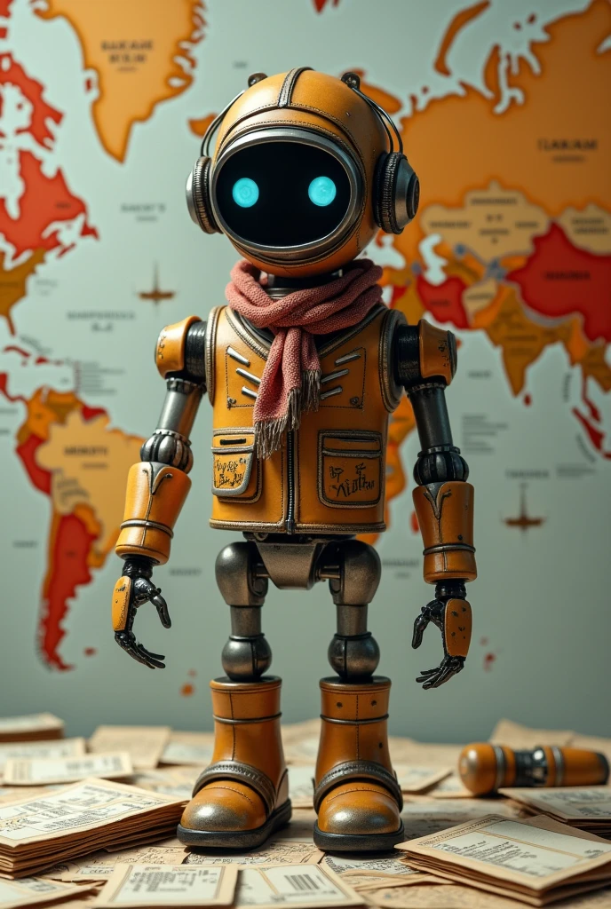 Create an image in vertical format, where there is a robot dressed as an airplane pilot, around airline tickets and the background is a world map 