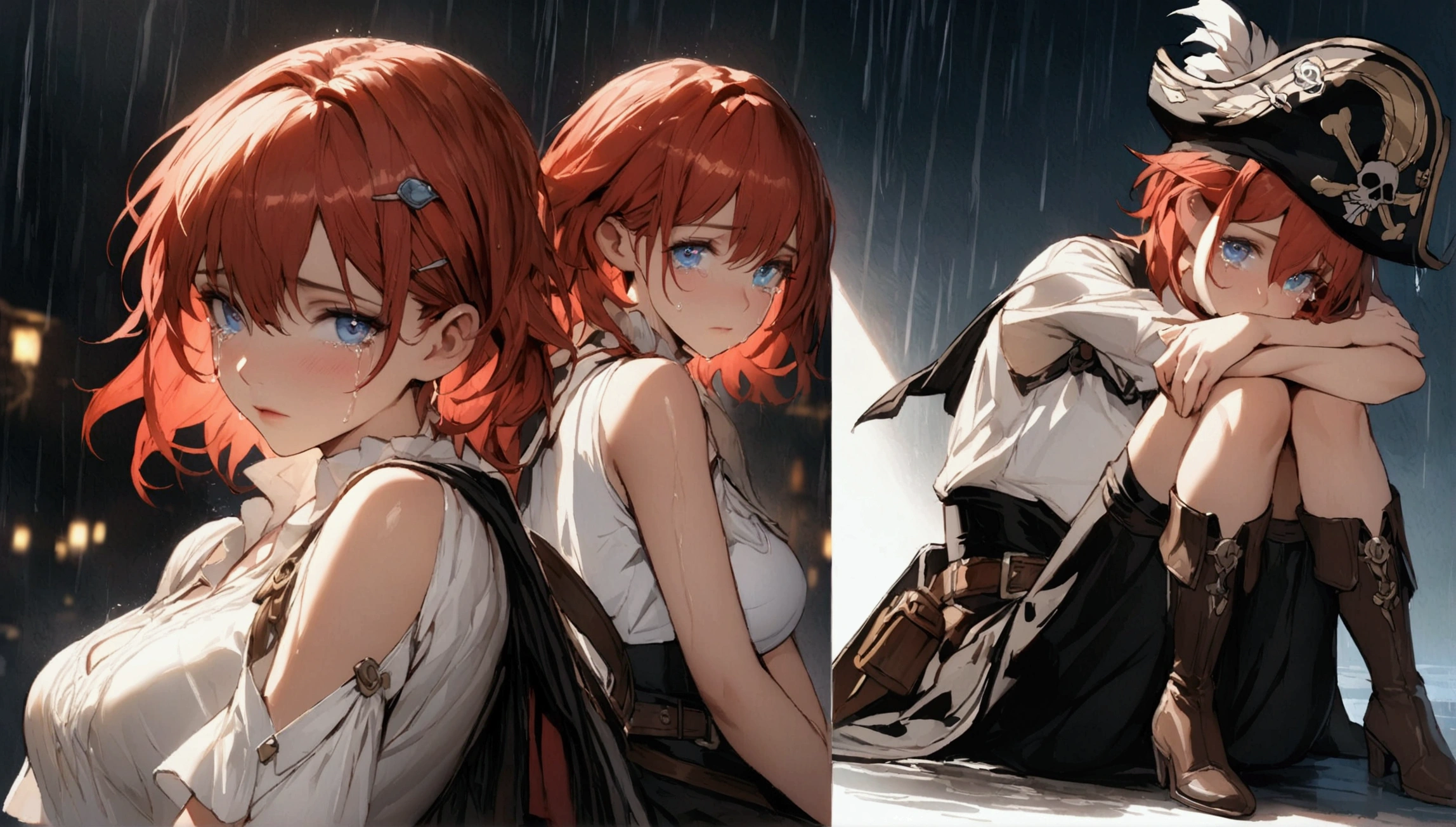 (Masterpiece. The best quality. 8K. Sharp focus. Depth of field, The best shadows. Perfect lighting. HDR. Realistic skin texture. Ultra-detailed background. Detailing). Anime style. Honkai: Star Rail. March 7. 1 girl. Fiery red hair, short hair. Azure blue eyes, beautiful eyes, beautiful eyes, expressive eyes. Beautiful nose, perfect facial features. Perfect anatomical body, slender figure, second size breasts, beautiful breasts, thin waist, rounded hips, beautiful long legs. Pirate hat, white blouse, pirate pants, Uniform cloak, shoulder straps with the Jolly Roger, knee-high boots, wide belt at the waist. Sad, lonely. Tears in her eyes, crying, Sitting on the bow of the ship. Sitting with her knees pulled up. Sitting hugging her knees. Sitting at full height. Rain. Soaked through in the rain. Concept art. Looking at the viewer. Full-length. Full body.