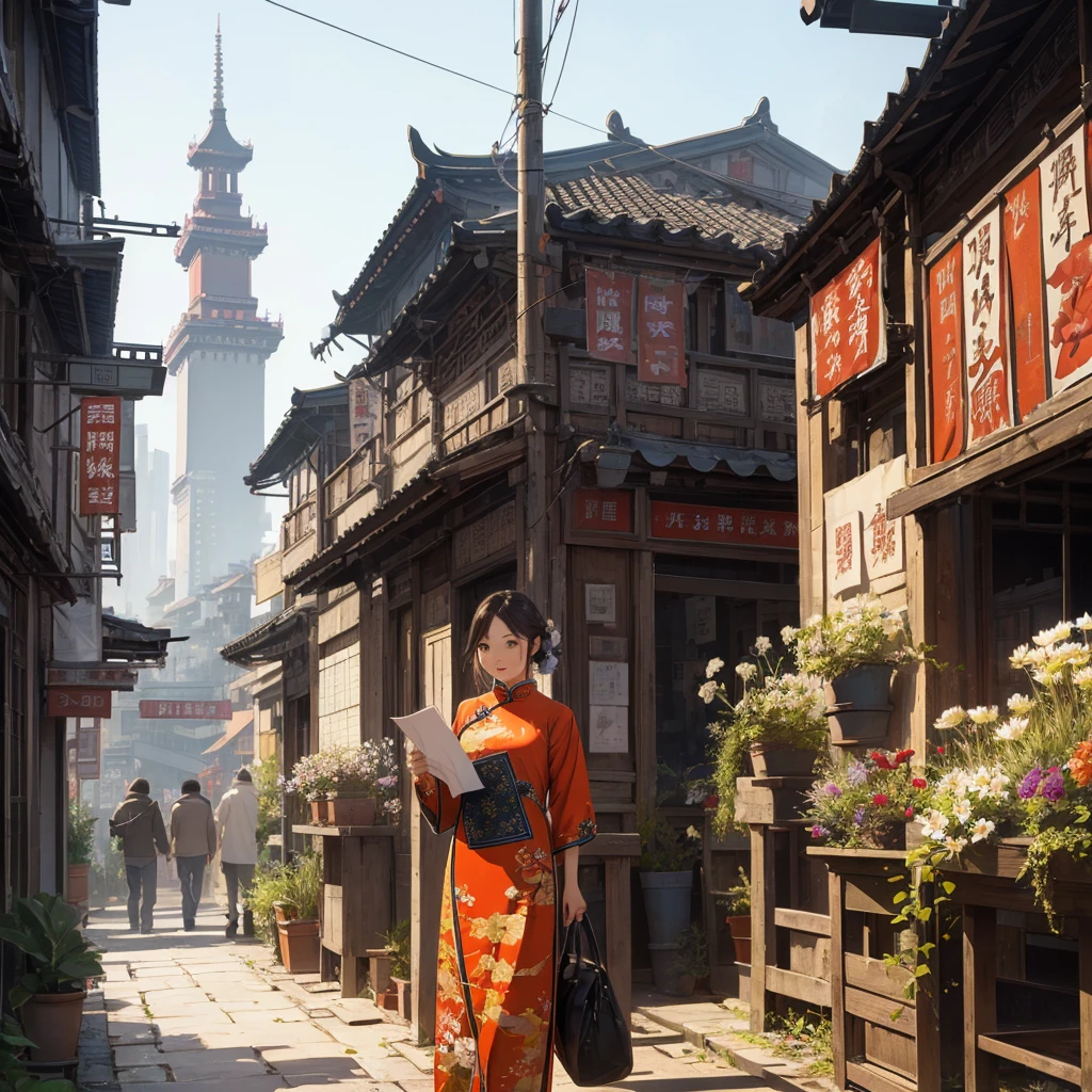 Old Shanghai,Miss,cheongsam,poster,Outlook,flowers,