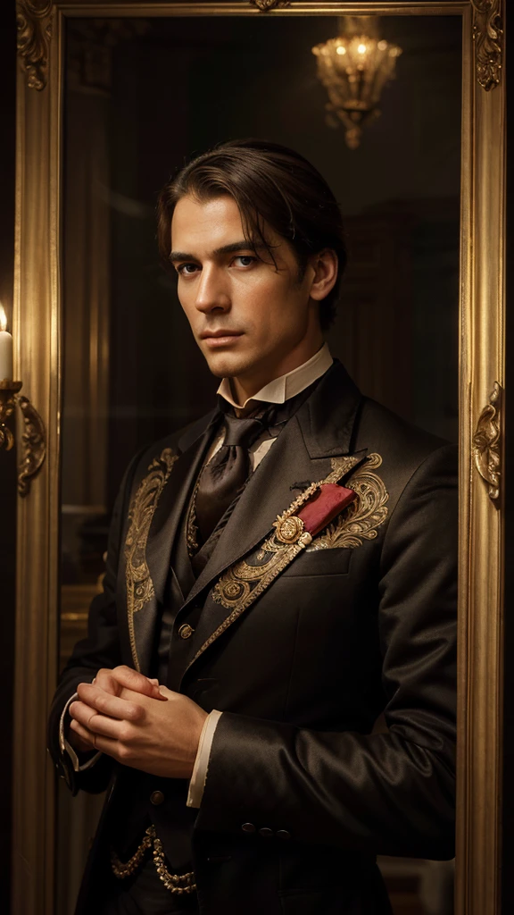 a formal portrait of a dignified person, elegant aristocrat, graceful nobleman, regal appearance, ornate clothing, dramatic lighting, detailed facial features, high-quality 8k resolution, photorealistic, masterpiece, oil painting, chiaroscuro lighting, rich colors, intricate details, aristocratic elegance, refined and dignified expression, stately pose