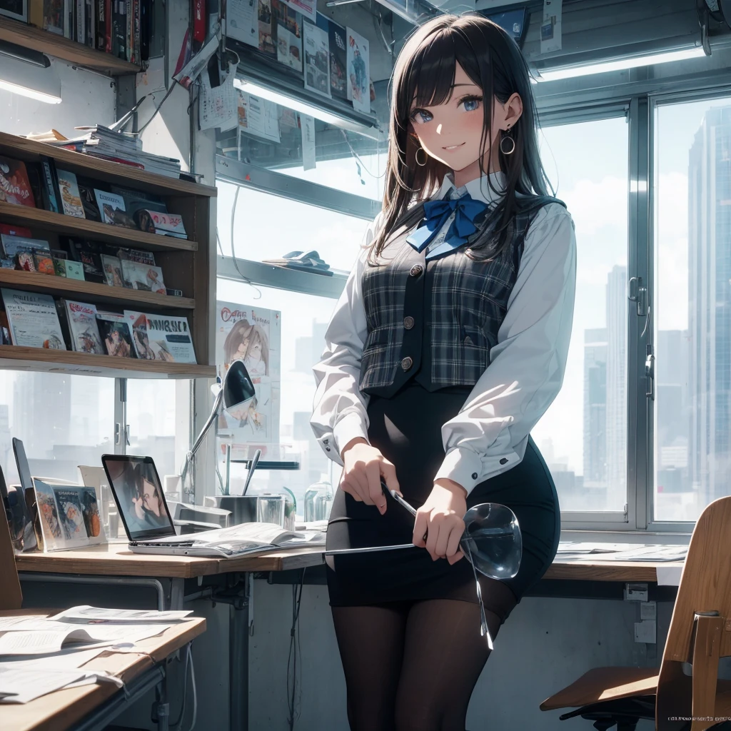 (Best Quality, Masterpiece),Wearing a pink plaid vest, White short sleeved shirt, Gray pencil skirt, Wear stiletto heels, Necklace, earrings, Cute face, Smile, Blushing, Shyness, Glass wall, Ultra Detail, Realistic, Front view, Whole body, stunning, cute, warm smile, hourglass figure, apron, text, chart, advertising, magazine title(Best Quality, Masterpiece), Mag((((1ladyl,)))) (masterpiece), (realistic), (best quality), (ultra-detailed), (wearing in [[white and gray check pattern]] Vest worn over white collared long-sleeved shirt:1.4), (gray vest with buttons:1.2), (Pink Theme:1.2), (blue ribbon ribbon:1.3), (Black theme:1.4), (Tight black pencil skirt:1.5), ((Brown pantyhose)), (high-heels:1.1),longskirt,office desk, office chair,Lulubre Unity 8K Wallpaper, pantyshot, long brown hair, office lady Magazine Cover, 1girl,  amazing, girl, 30 years old, house wiife, warm smile, hourglass figure, text, chart, advertising, magazine title